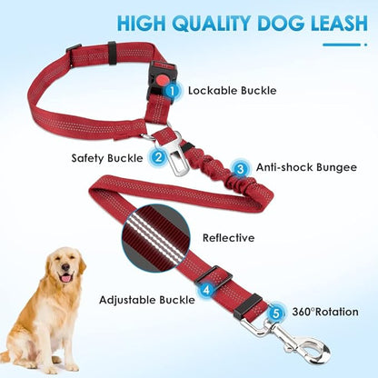 SlowTon Dog Seat Belt for Car, 2 Pack Dog Car Harness Seatbelt Adjustable with Elastic Bungee Buffer, 2 in 1 Pet Car Leash Headrest Restraint Dog Reflective Safety Tether (Red, Headrest+Clip)