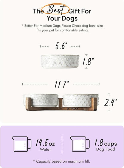 LE TAUCI Dog Bowl Set with Acacia Wood Stand - 1.5-Cup Ceramic Puppy Bowls for Small Dogs, Dual Food and Water Bowls with Weighted Non-Slip Base, Clover