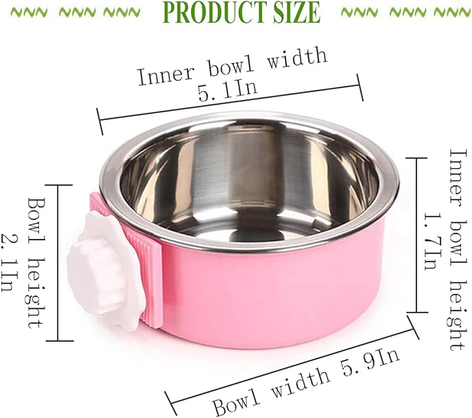 kathson Crate Dog Bowl, Removable Stainless Steel Hanging Pet Cage Bowl Food & Water Feeder Coop Cup for Cat, Puppy, Birds, Rats, Guinea Pigs 4pcs(2×Blue,1×Pink,1×Green)