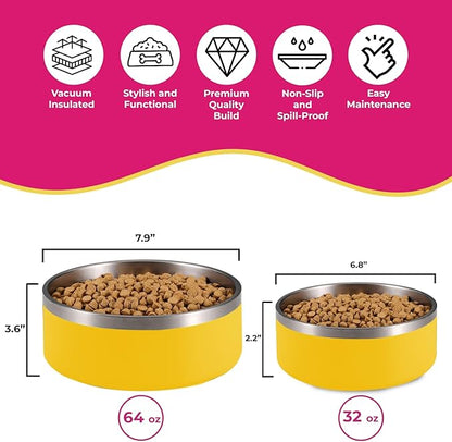 Dog Bowl, Non-Slip Stainless Steel Pet Bowl with Vacuum Insulated Design, Keeps Water Cool, Easy to Clean, Modern Style, 64 oz, Yellow