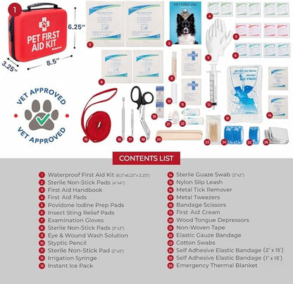 Dog First Aid Kit 2-Pack – Vet-Approved Pet First Aid Supplies for Dogs & Cats in Emergencies – Pet First Aid Guide, Tick Remover, Slip Leash & Medical Essentials for Home, Camping, Car, Travel