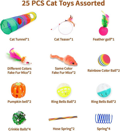 iCAGY 25-Piece Cat Toys Kit with Rainbow Tunnel - Interactive Cat Toy Bundle for Indoor Cats, Kitten Playtime Variety Set Includes Feather Teaser, Springs, Balls, Mice & Noise Toys