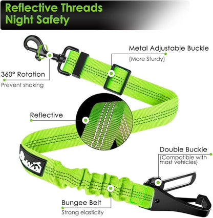 SlowTon Dog Seat Belt, Adjustable Dog Safety Belt Leash, 2 in 1 Latch Bar Attachment Dog Car Seatbelt with Elastic Nylon Bungee Buffer, Reflective Nylon Belt Tether (Lime)