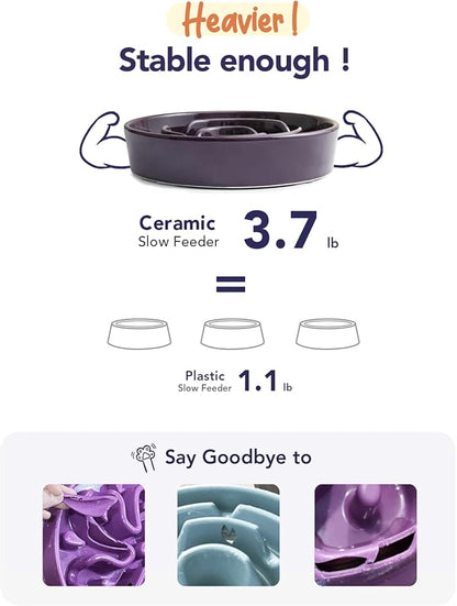 LE TAUCI Slow Feeder Dog Bowls Ceramic, 3 Cups Slow Feeding Dog Bowl Medium Large Breed, Pet Bowl for Fast Eaters, Puzzle Pet Dishes, Maze Purple