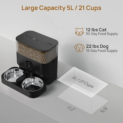 iPettie Automatic WiFi Pet Feeder for 2 Pets, 5L Capacity, 1-10 Meals Per Day, Adjustable Bowl Height, Smart Dog Cat Feeder with 2 Stainless Steel Bowls, 2.4G WiFi App Control for Cats and Small Dogs