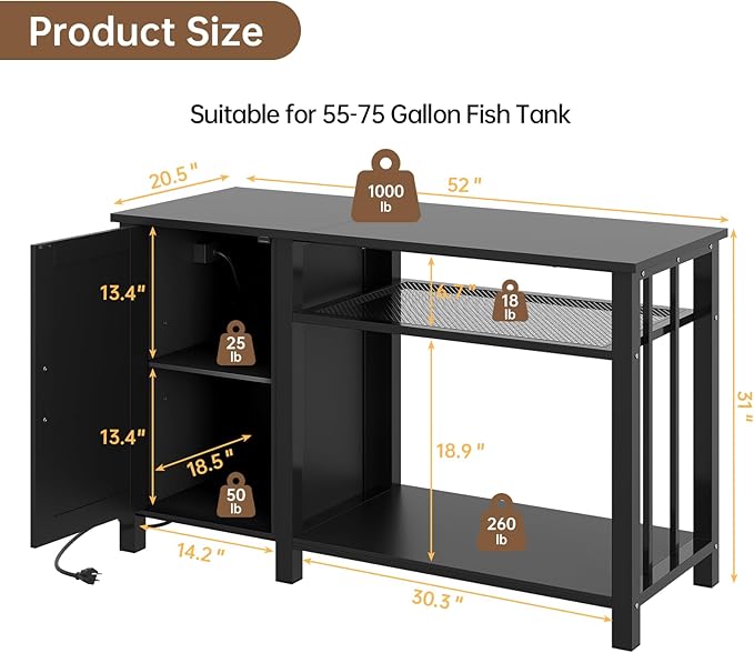 55-75 Gallon Aquarium Stand with Power Outlet, Heavy Duty Fish Tank Stand with Cabinet Storage & Adjustable Shelf, for Fish Tank, Turtle Tank, Reptile Terrarium, 1000LBS Capacity, Black
