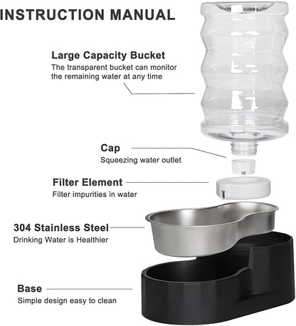Sfozstra Dog Water Bowl Dispenser: 6L Lagre Stainless Steel - BPA-Free - Automatic Black Gravity Pet Water Dispenser for Busy Owners