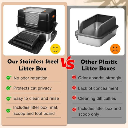 Vivifying Stainless Steel Litter Box, XL Side Entry Extra Large Litter Box with Lid for Big Cats & Kitty, Removable Enclosed Metal Cat Pan with High Sided Enclosure, Scoop, Mat, Footboard (Black)