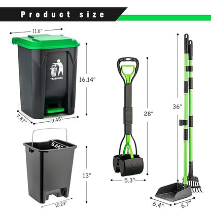 MXF Pooper Scooper Set - 28" Dog Pooper Scooper & Long Handle Stainless Metal Tray&Rake, 15 Litre Step Dog Poop Trash Can w/Removable Inner Bucket, 20 Waste Bags for Outdoors