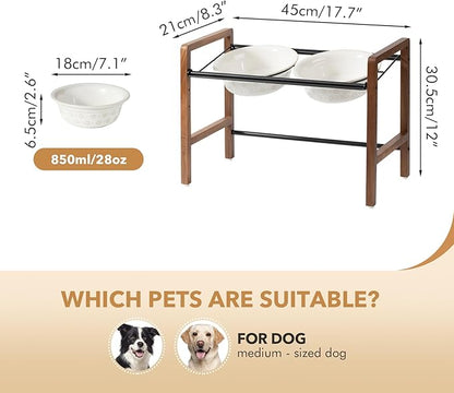 7.1inch Ceramic Adjustable Raised Double Bowls Set with Stand, 3 Heights Elevated, 2 Placement Options,Food and Water Bowls for Medium and Large Dog(Reactived Glaze -White)