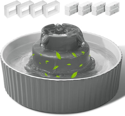 Ceramic Cat Water Fountain, 2.1L/70oz Porcelain Pet Drinking Dispenser with 4 Set Replacement Filter & Sponge, Automatic Dog Water Bowl with Ultra-Quiet Pump, Cat Feeding Watering Supplies(Grey)