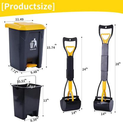Pooper Scooper 2 Pack with 20 Litre Step Dog Poop Trash Can, 28" Long Handle Dog Poop Scoopers for Large Small Dogs Heavy Duty, Removable Inner Bucket for Outdoors, 50 Waste Bags Included