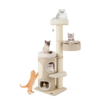 61 Inches Cat Tree for Indoor Cats with 2-stoery Condo and Top Perch-Natural