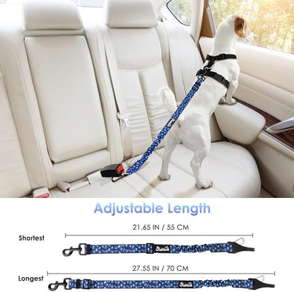 SlowTon Dog Seat Belt, Adjustable Dog Safety Belt Leash, 2 in 1 Latch Bar Attachment Dogs Car Seatbelt with Elastic Nylon Bungee Buffer, Reflective Nylon Belt Tether Connect (BL Dog Paw)