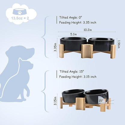 SPUNKYJUNKY 15° Slanted Ceramic Dog and Cat Bowl with Wooden Stand, Tilted Bulldog Food and Water Bowl No Slip Non-Spill for Cats Medium Dogs Big Face Pets 13.5 OZ (1.7 Cups, Black × 2)