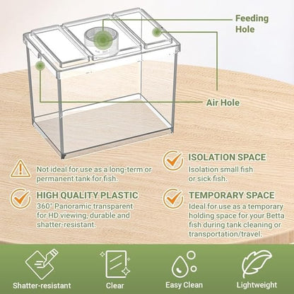 Mini Betta Fish Tank Kit with LED Light Base, Small Fish Bowl for Temporary Space, 0.2 Gallon Stackable Cube Tank with Betta Leaf for Small Fish, Insect, Shrimp, Crab, Spider (Kit-1)
