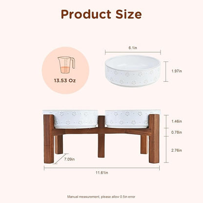 SPUNKYJUNKY Ceramic Dog Bowls Dog Bowl Set with Acacia Wood Stand Raised Dog Bowl Dog Food and Water Bowl for Small Medium Sized Dog (Shallow, 15.5cm)
