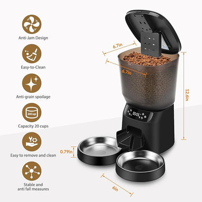 Automatic Cat Feeders for Two Cats, 5L/20 Cups Double Automatic Cat Food Dispenser with 2 Stainless Bowls, Timer Setting 20 Portions 6 Meals Per Day, 10s Meal Call, Pet Feeder for Dog (Black)
