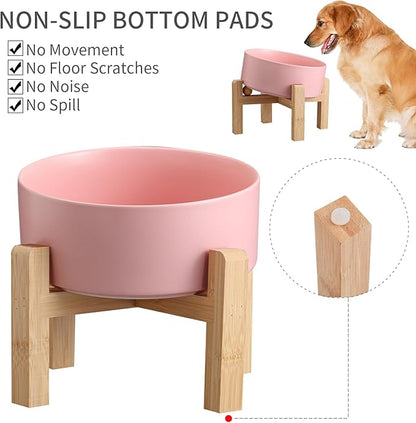 Pink Elevated/Raised 15°Tilted Anti Slip Ceramic Dog Bowl for Small/Medium Breeds,Slanted Bulldog Big Face Pet Food Water Feeding Dish with Stand for Cats and Dogs (3.6 Cups/28 OZ)