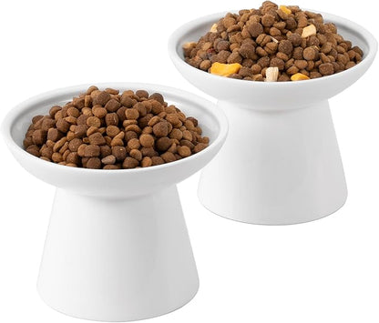 Extra Wide Elevated Ceramic Cat Bowl, 6.2" Shallow Dish for Whisker Fatigue Relief, 5" Height for Easy Feeding, Durable Raised Cat Food Bowls, Pack of 2, White