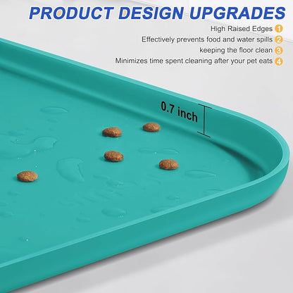 Silicone Pet Feeding Mat with Raised Edge for Food and Water, Dog Bowl Mats, Cat Bowls Placemat with High Lip for Floor Waterproof, Rubber Tray for Cats and Dogs 19 x 12 x0.7 Dark Turquoise