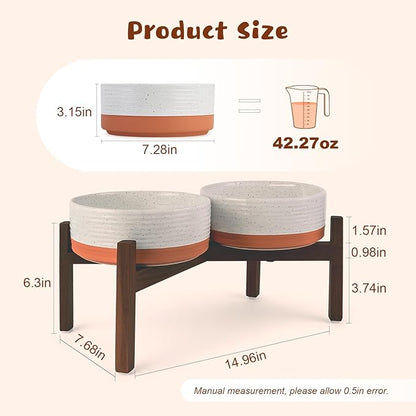 SPUNKYJUNKY Ceramic Elevated Dog Bowl Set with Acacia Wood Stand for Food and Water for Medium Dog (42.27 OZ, White and Reddish Brown)