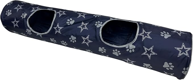 NFL Dallas Cowboys Cat Tunnel Tube Toy with Plush Football Catnip and Feathers Collapsible Tunnel for Cats to Play, Peek and Hide, Sporty & Fun Cat Tunnel Toy with Team Logo All-Over Design!