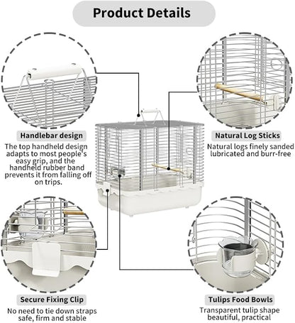 Bird Carrier Travel Cage, Durable Portable Stainless Steel Birdcage with Bird Perch & Feeding Bowl for Parrots Canaries Budgies Lovebirds Conures Cockatiels (Small White)