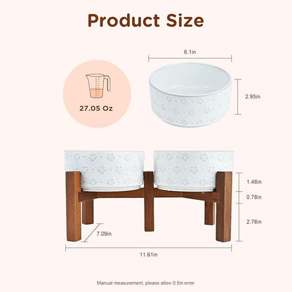 SPUNKYJUNKY Ceramic Dog Bowls Dog Bowl Set with Acacia Wood Stand Raised Dog Bowl Dog Food and Water Bowl for Small Medium Sized Dog (Deep, 15.5cm)