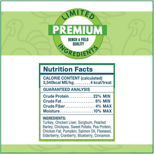 Bench & Field Holistic Natural Turkey & Triple Berry Dog Treats | Crunchy Bone-Shaped Bites | Antioxidant Blend, 10-Ounce Bottle