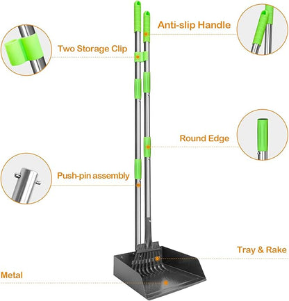 TOOGE Larger Pooper Scooper for Large Dogs, Dog Pooper Scooper Long Handle Stainless Metal Tray and Rake Set for Large Medium Small Dogs Heavy Duty (Green) (Extra Large)