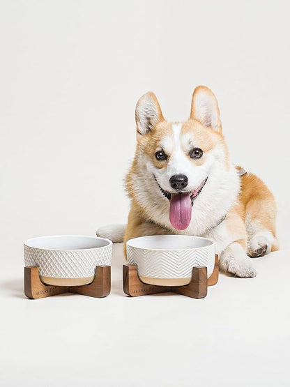 Ceramic Dog Bowl Set, 4 Cups Food and Water Bowl for Medium Small Dogs, Cute Pet Dishes with Wood Stand, Rhombus+Wave Design (Set of 2)