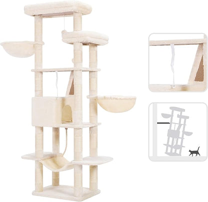 Heybly Cat Tree, 68 inch Multi-Level Cat Tower for Indoor Cats, 2 Widened Plush Perches Cat Condo with Scratching Board and Big Caves, Beige HCT025M