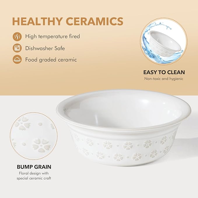 7.1inch Ceramic Adjustable Raised Double Bowls Set with Stand, 3 Heights Elevated, 2 Placement Options,Food and Water Bowls for Medium and Large Dog(Reactived Glaze -White)