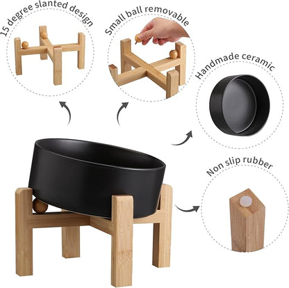 Black Elevated/Raised 15°Tilted Anti Slip Ceramic Dog Bowl for Small/Medium Breeds,Slanted Bulldog Big Face Pet Food Water Feeding Dish with Stand for Cats and Dogs (3.6 Cups/28 OZ)