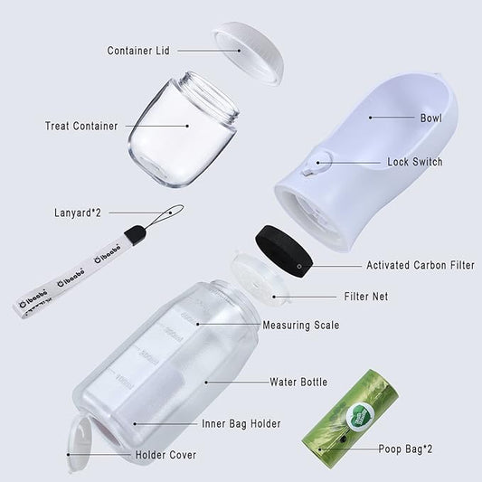 Dog Water Bottle with Food Container & Poop Bag Holder, Travel Water Bowl, Portable Pet Dispenser, Dog Stuff Accessories Items, Puppy Essentials Necessities for Yorkie Chihuahua Walking Hiking