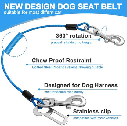 Dog Seat Belt Harness for Car,2pcs Dog Seatbelt of Coated Wire Leash Safety Restraint,No Chew Tether Cable Vehicle Dog Accessories,Double Clips & Latch (2 Pack Red+Blue, 16 inch/40 CM)