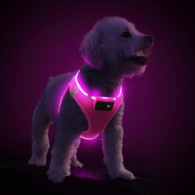 Pceotllar LED Dog Harness - Rechargeable, Flashing Light, No Pull, Reflective - Medium, Pink