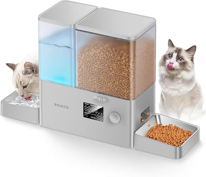 Rojeco 36Cups/8.5L Pet Automatic Cat Feeder and Gravity Water Dispenser,Stainless Steel Bowls 2-in-1 Set Large Capacity 5L Food Feeder and 3.5L Water Fountain for Cats,Pets,Small Dogs,Grey