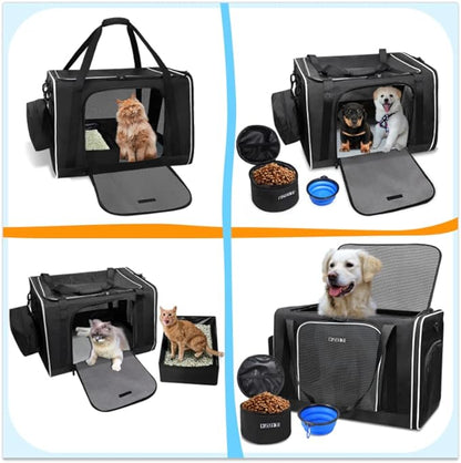 Petskd Extra Large Cat Carrier with Litter Box 24"x17"x17" for Medium Large Cat or 2 Small Cats, Collapsible Soft Sided Pet Carrier for Car Travel with Lockable Safety Zippers(Black)