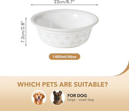 Ceramic 8.7inch Dog Bowl for Large Dog, Basic Food and Water Bowl for Replacement, Wide Opening Rounded Edge(Single Bowls, Reactived Glaze -White)