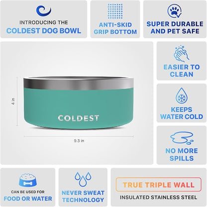 Coldest Dog Bowl - Anti Rust Metal, Non Slip, 3 Layers Insulated Stainless Steel Dog Bowls - Spill Proof & Heavy Duty - Water Bowl for Dogs, Cats & Pets, Dish Washer Safe (100 oz, Terraform Green)