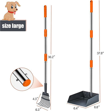 Niubya Pooper Scooper for Dogs, Metal Poop Scooper Tray and Rake Set with Adjustable Long Handle, Dog Pooper Scooper for Pet Waste Removal