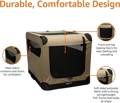 Amazon Basics Dog Crate, Travel Dog Kennel Double Door Collapsible, Lightweight Soft-Sided Folding, Portable Dog Cage, XL 42" x 31" x 31", Tan