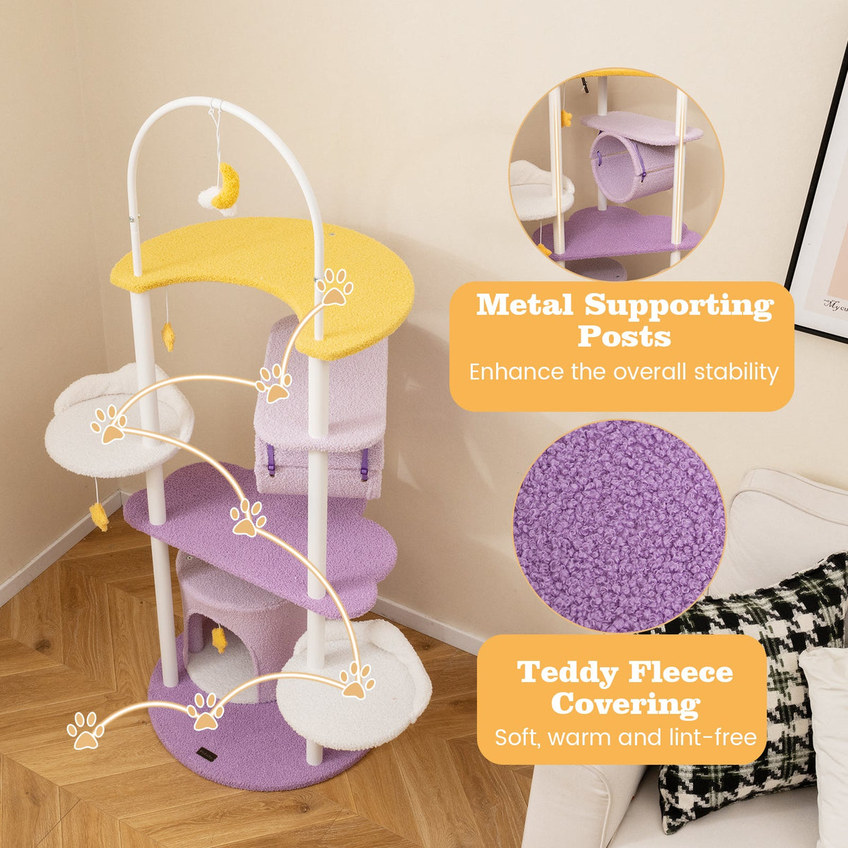 62 Inches Large Cat Tower with Metal Frame and Jumping Platforms-Purple