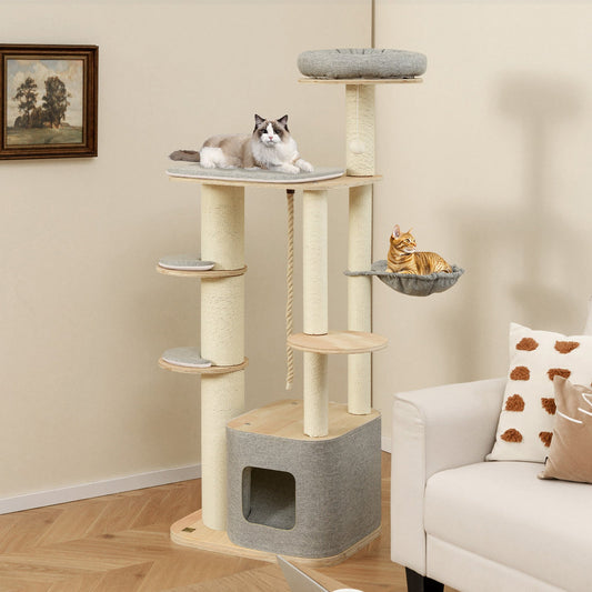 63 Inch Tall Cat Tree Modern Wooden Cat Tower with Perch Condo Hammock-Gray