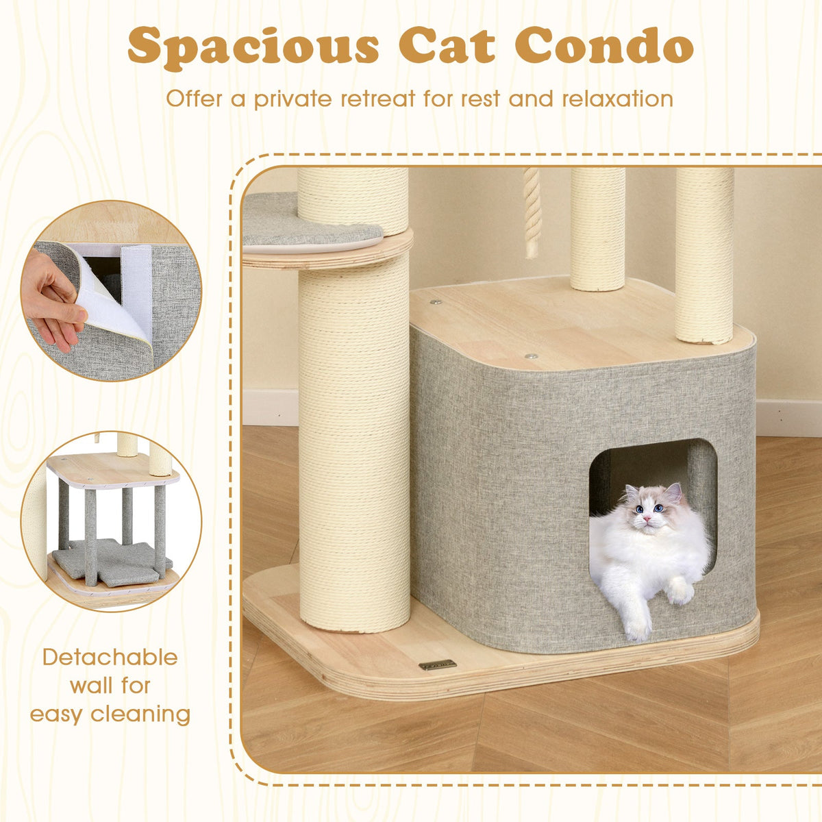 63 Inch Tall Cat Tree Modern Wooden Cat Tower with Perch Condo Hammock-Gray