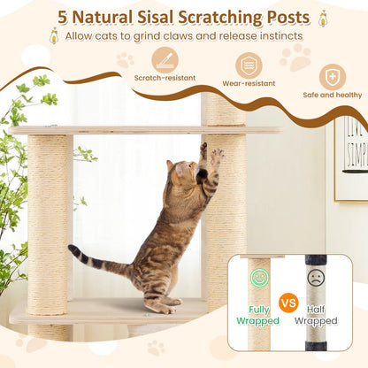 63 Inch Tall Wooden Cat Tree with 2-Story Condo and Plush Padded Top Perch-Natural