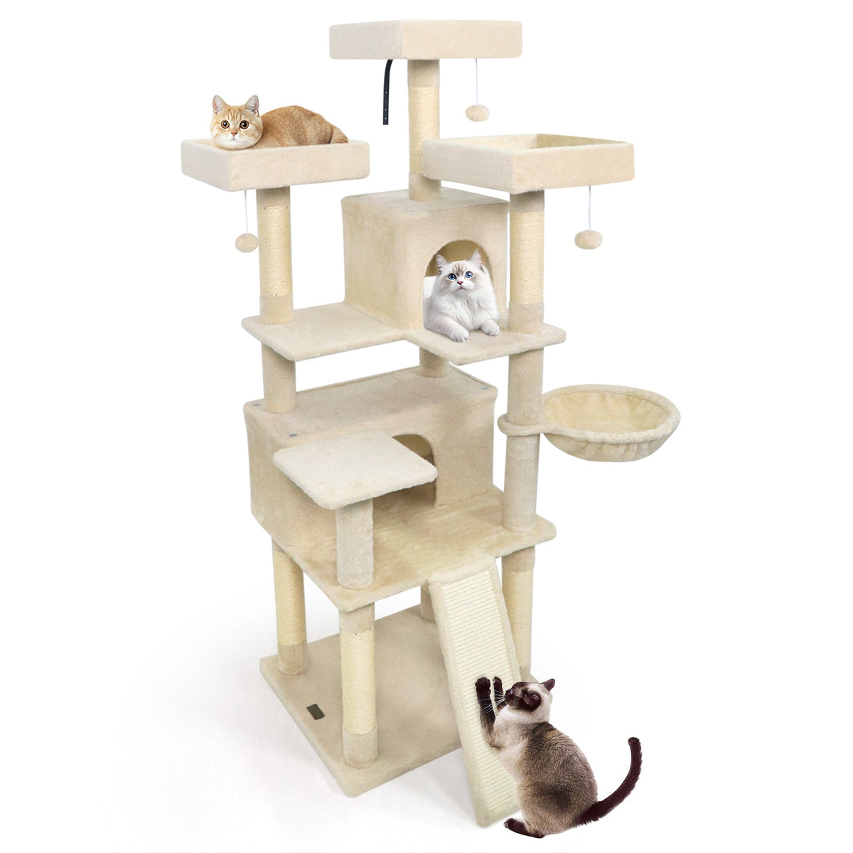 65 Inch Tall Multi-level Cat Tree with 3 Upholstered Perch and 2 Cat Condos