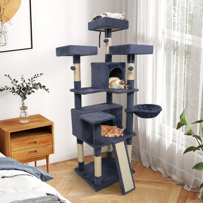 65 Inch Tall Multi-level Cat Tree with 3 Upholstered Perch and 2 Cat Condos
